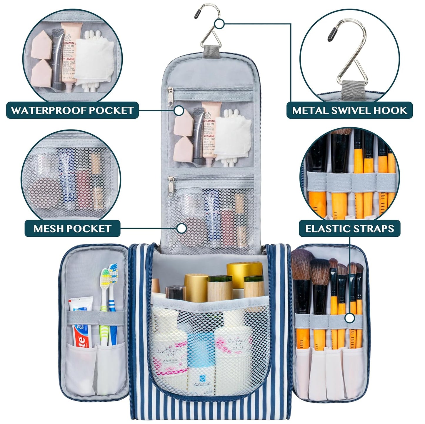 PAVILIA Toiletry Bag Travel Bag for Women Men, Hanging Cosmetic Organizer, Water Resistant Makeup Bag for Accessories Toiletries, Large Travel Essentials Kit (Stripe Navy)