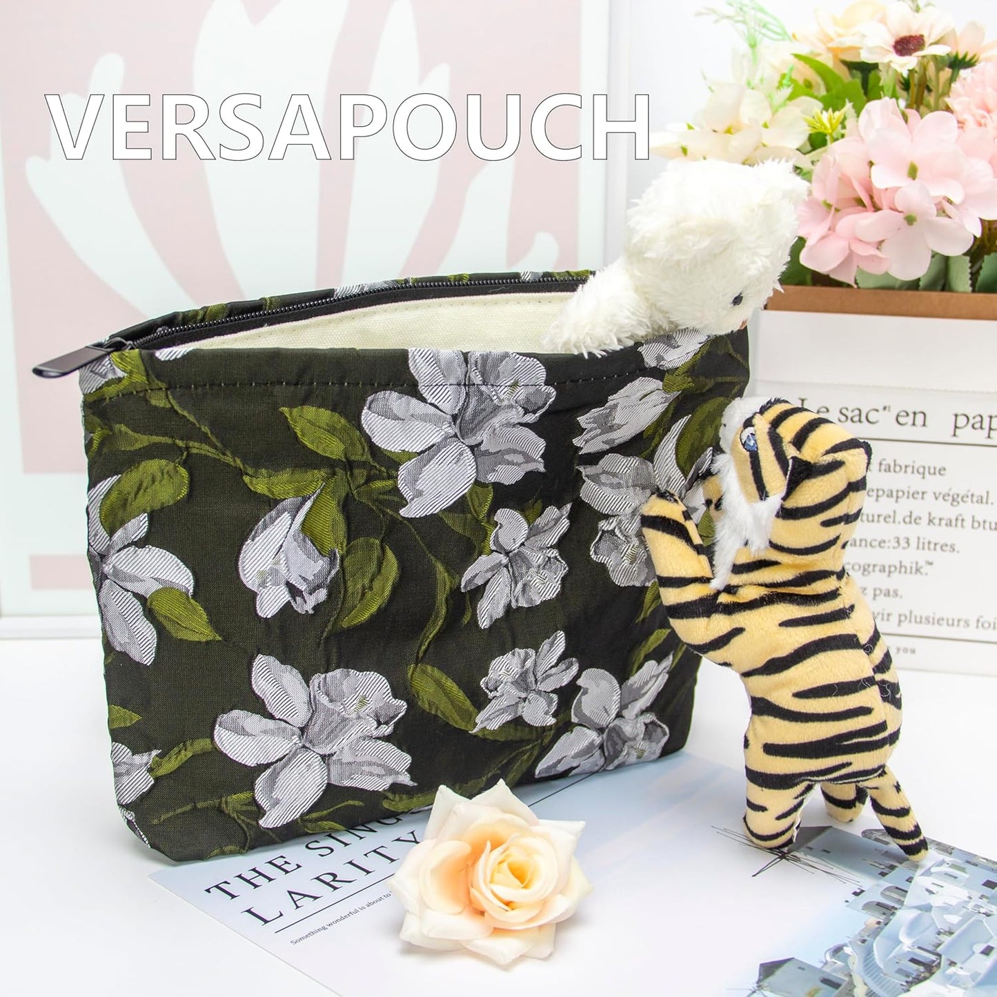 PAZIMIIK Makeup Bag Large Cotton Zipper Pouch for Purse Travel Canvas Make Up Organizer for Women Cosmetic,Brocade Floral Black