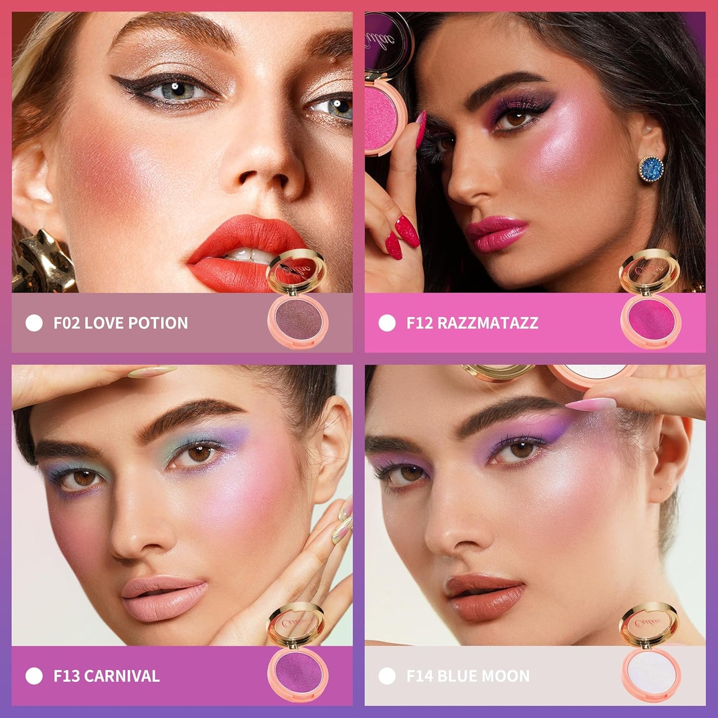 Oulac Fuschia Luminisers Powdery Blusher for Cheeks Face Glow,Brighten Skin As Highlighter Makeup, Shimmer Blusher,Buildable and Vegan Cosmetics,4.8g F12 Razzmatazz