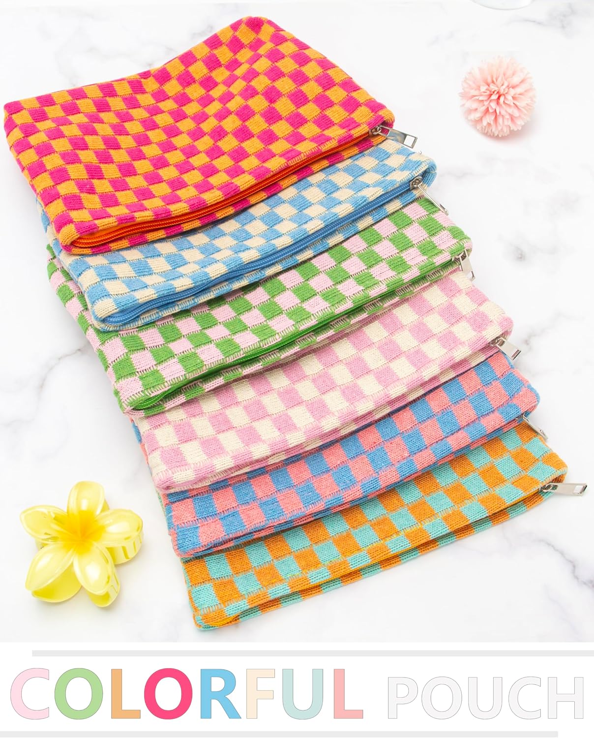 Knitted Checkered Makeup Bag Large Zipper Make Up Accessory Pouch for Purse Cosmetic Brush Bag for Travel Essential Pink Beige