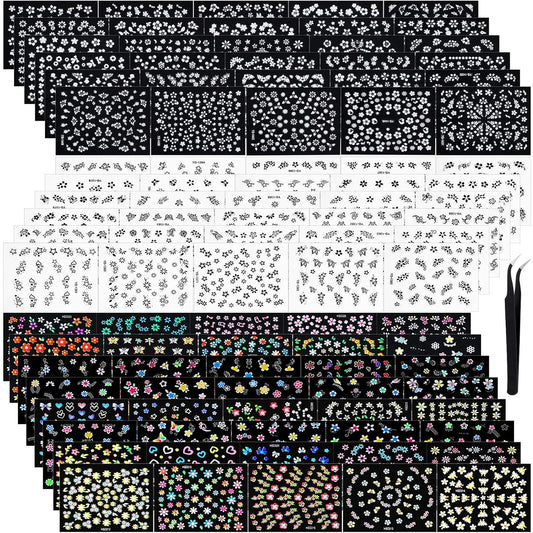 Blulu 5000 Pcs Flower Nail Stickers 100 Sheets 3D Self Adhesive Nail Stickers Multi Design Decals Multicolor Flower Manicure Decals with Tweezer(Classic-Chic Floral Series)