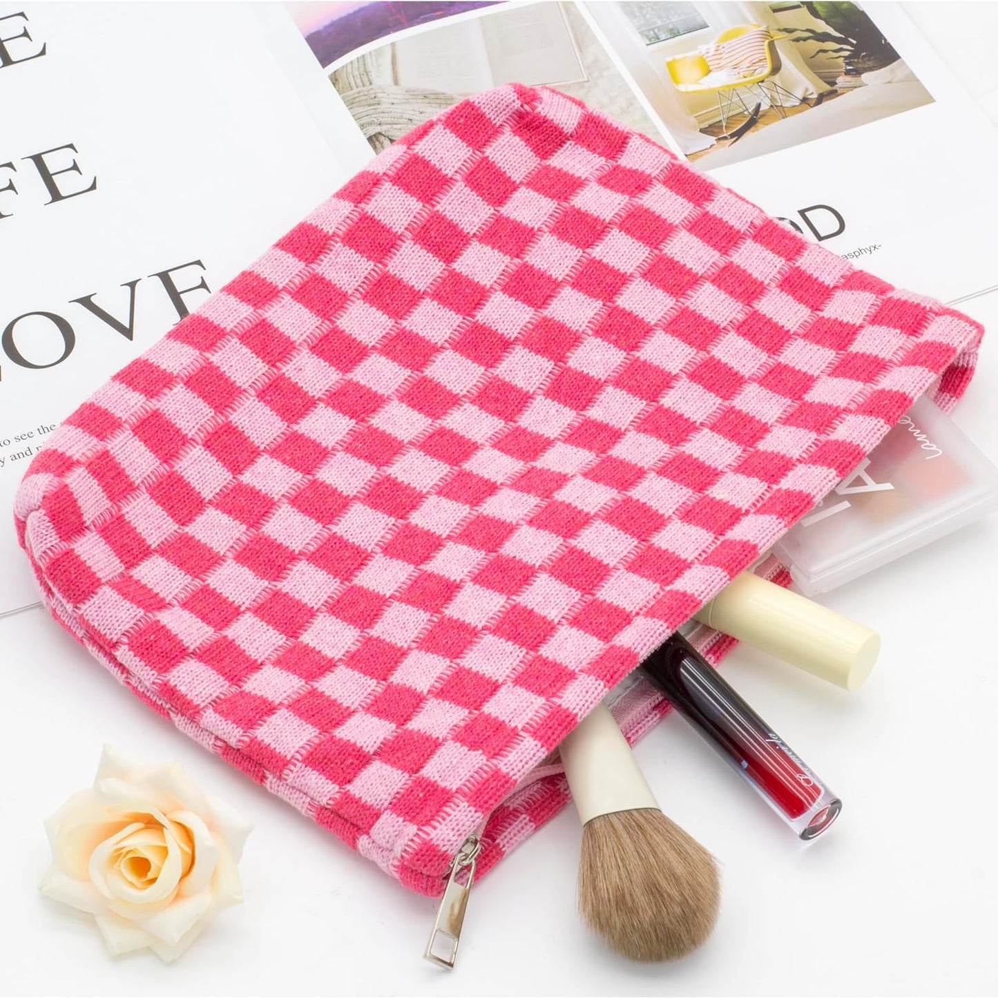 PAZIMIIK Knit Checkered Makeup Bag Large Zipper Make Up Accessory Pouch for Purse Cosmetic Brush Bag for Travel Essential,Hotpink