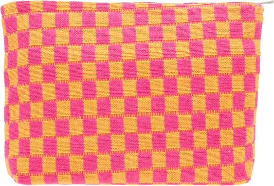 PAZIMIIK Knitted Checkered Makeup Bag Large Zipper Make Up Accessory Pouch for Purse Cosmetic Brush Bag for Travel Red Orange