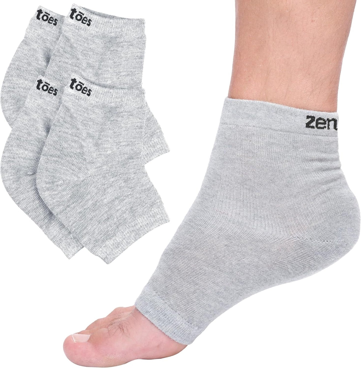 ZenToes Moisturizing Heel Socks 2 Pairs Gel Lined Toeless Spa Socks to Heal and Treat Dry, Cracked Heels While You Sleep (Regular, Gray)