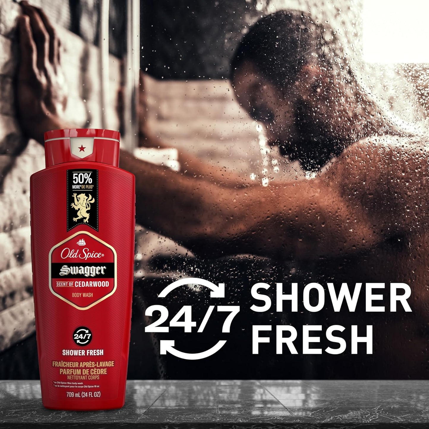 Old Spice Refreshing Body Wash for Men, 3X Defense, 24/7 Shower Fresh with Long Lasting Scent, Red Collection, Swagger with Cedarwood Scent, 24 oz (Pack of 2)