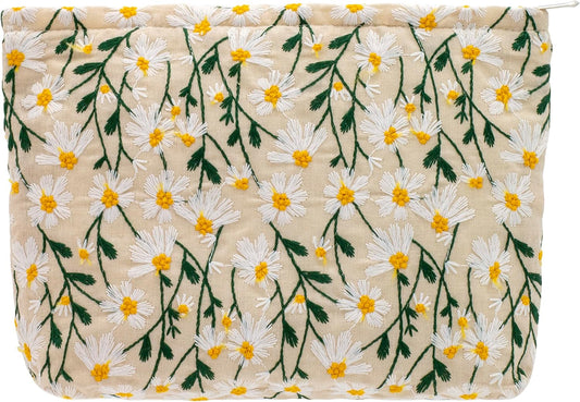 Makeup Bags for Purse Zipper Cosmetic Pouch Large Travel Canvas Make Up Organizer Tool Pouch for Women and Girls,Daisy White