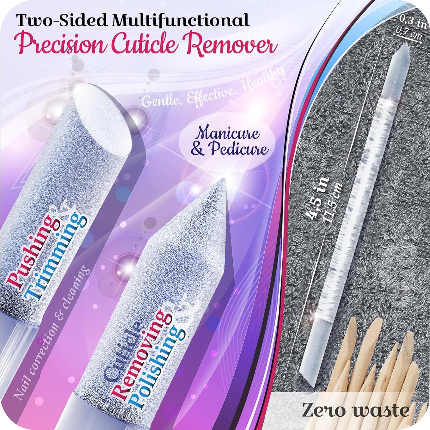 GLADZY Glass Cuticle Pusher Tool - 2 pcs Dual Ended Manicure Stick, Etched Crystal Glass Cuticle Remover, Callous and Dry Skin Fingertip File, Nail Shaper, Professional Nail Care, Ethically Made in EU