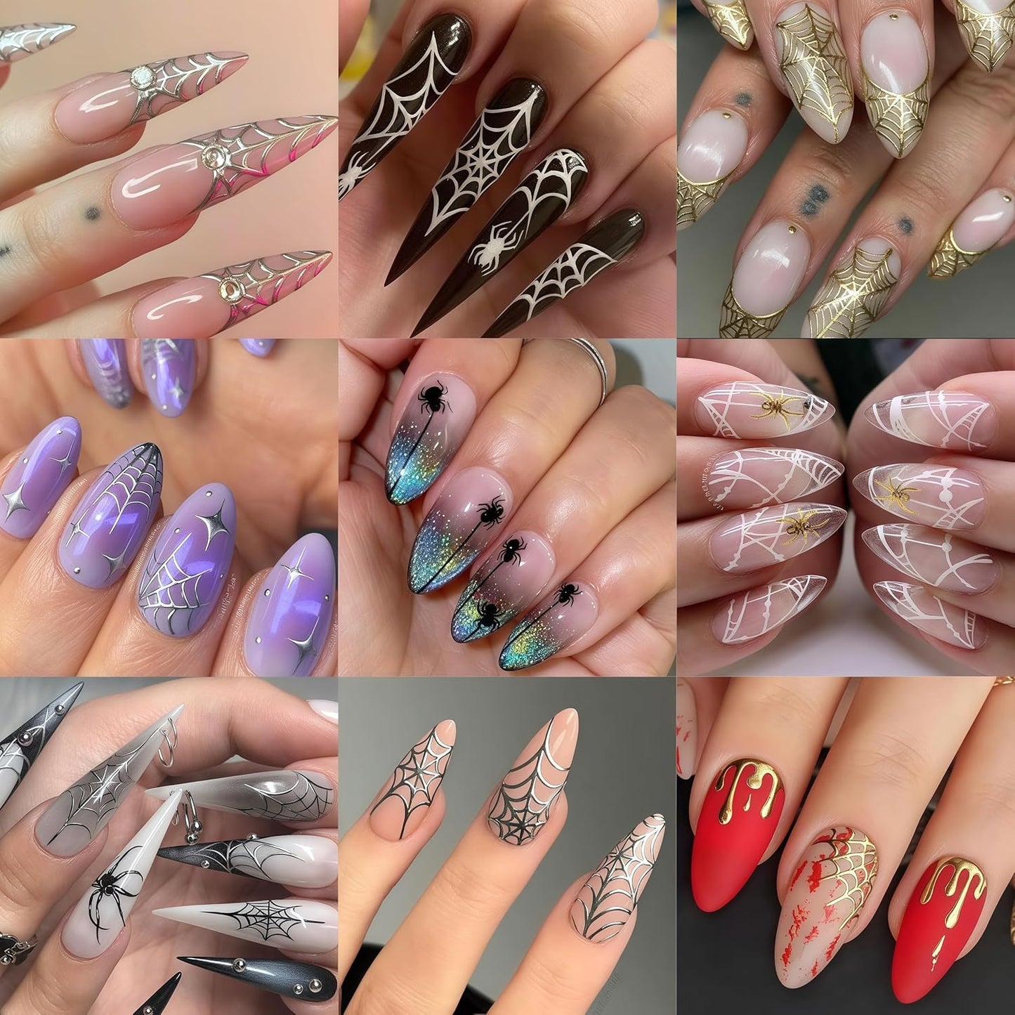 10 Sheets Halloween Nail Stickers for Nail Art 3D Self-Adhesive Spider Nail Decals Spider Web Nail Art Stickers Black White Gold Silver Laser Spider Web Nail Design for Acrylic Women Manicure Decor
