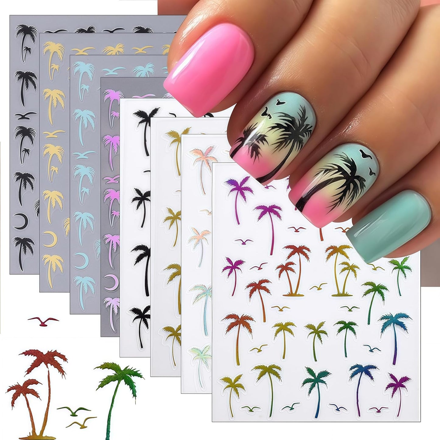 8 Sheets Tropical Palm Tree Nail Art Stickers Coconut Trees Decals Multi-Color Holographic Gradient Design with Birds and Moon Summer Beach Theme Sliders for Women Manicure Decorations