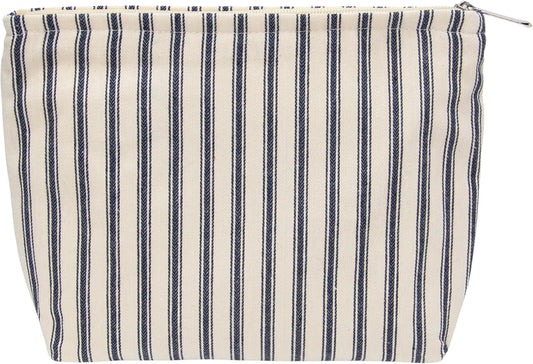 PAZIMIIK Makeup Bag Large Cotton Zipper Pouch for Purse Travel Canvas Make Up Organizer for Women Cosmetic,Vintage Stripe Navy Blue