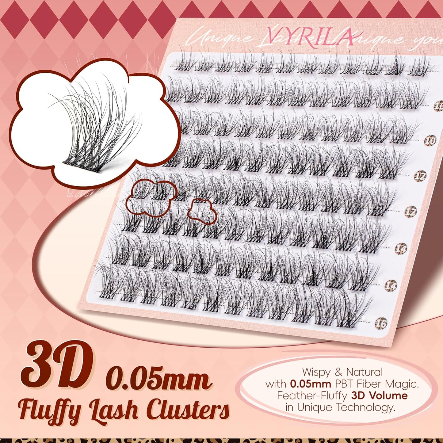 Lash Clusters 0.05mm PBT Fiber Eyelash Clusters, 0.1mm Superfine Invisiband D Curl Diy Lash Extension, 96pcs 8-16mm Individual Like Eyelash Extensions (Dash-D-8-16Mix)