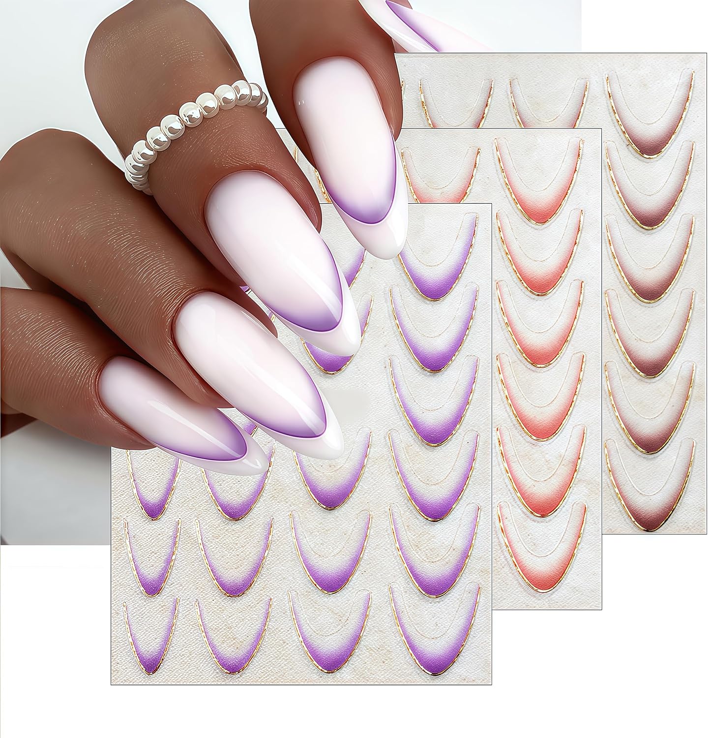 12Sheets Gradient French Tips Line Nail Stickers 3D Self-Adhesive Colorful Stripes Line Transfer Decals Curved Lines Nail Art Designs Nail Tips Manicure Accessories for Women Nail Art Decorations