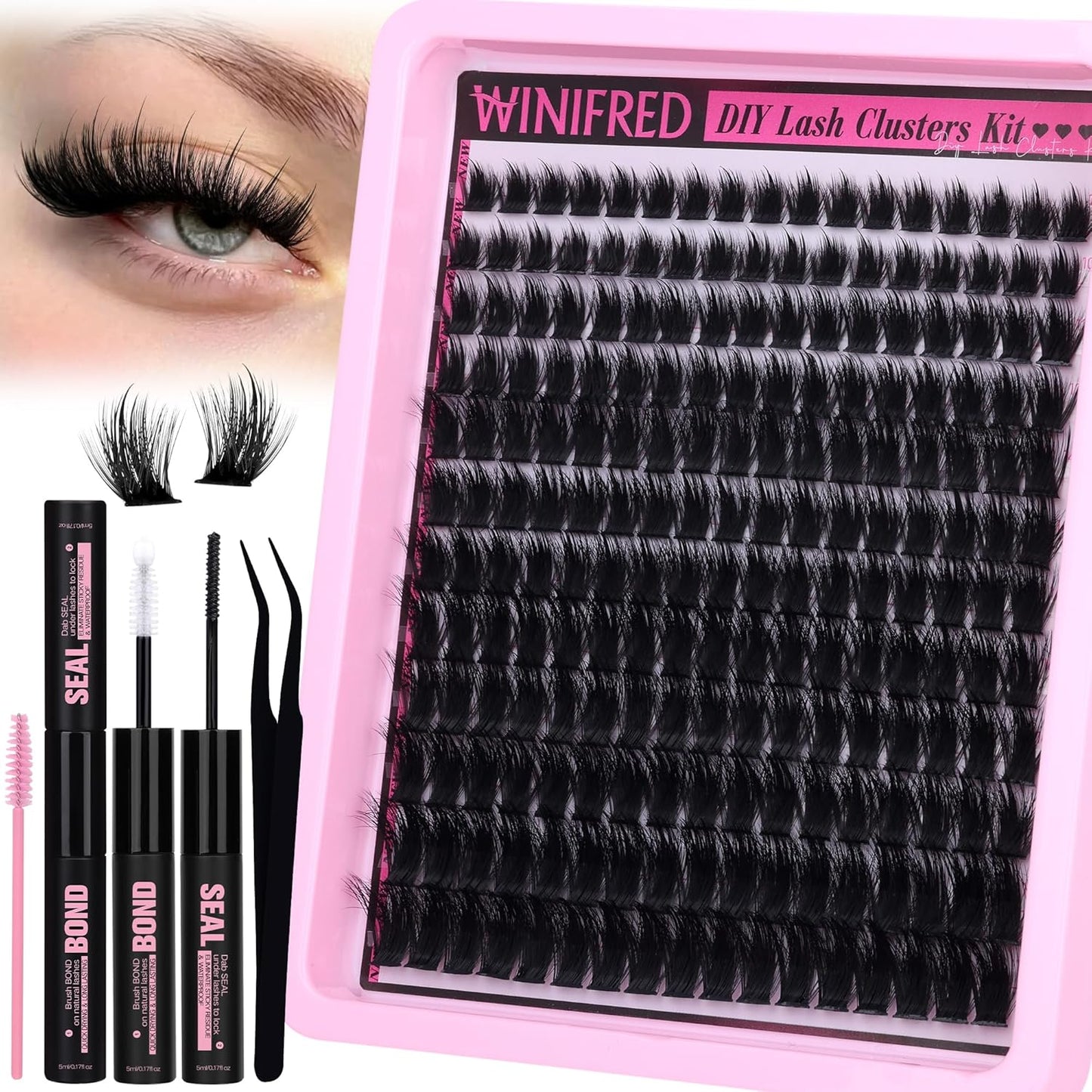 Winifred Fairy Lash Clusters Kit Eyelash Extension Kit Fluffy Lash Clusters 10-18mm D Curly Cluster Eyelash Extensions Volume Wispy Lash Extension Kit Spiky Individual Lashes Kit Lash Bond and Seal