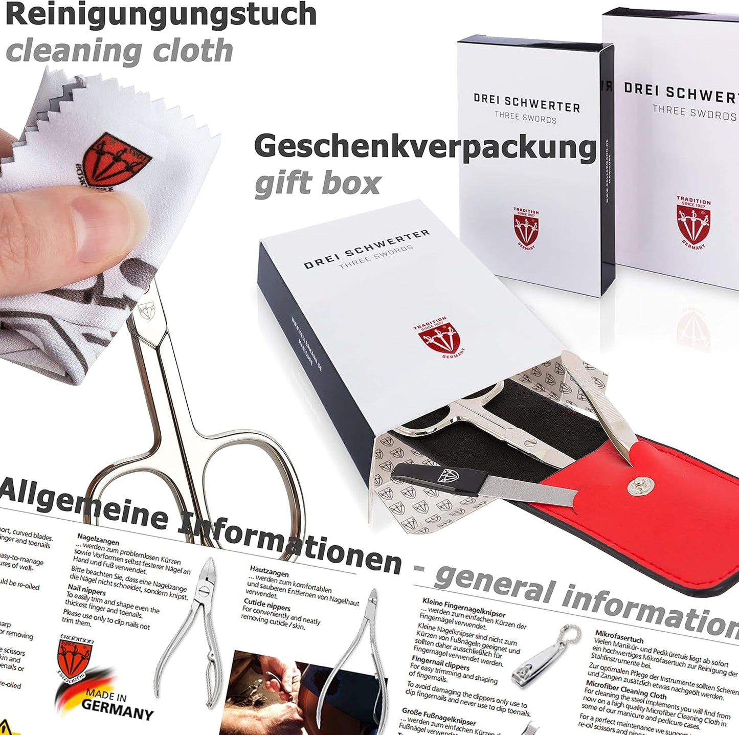 3 Swords Germany - brand quality 11 piece manicure pedicure grooming kit set for professional finger & toe nail care scissors clipper fashion leather case in gift box, Made by 3 Swords