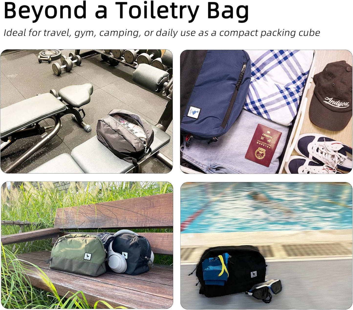 Travel Toiletry Bag 8L, Large Packing Cube with Waterproof TPU Wet/Dry Compartment (01 Black Stealth)