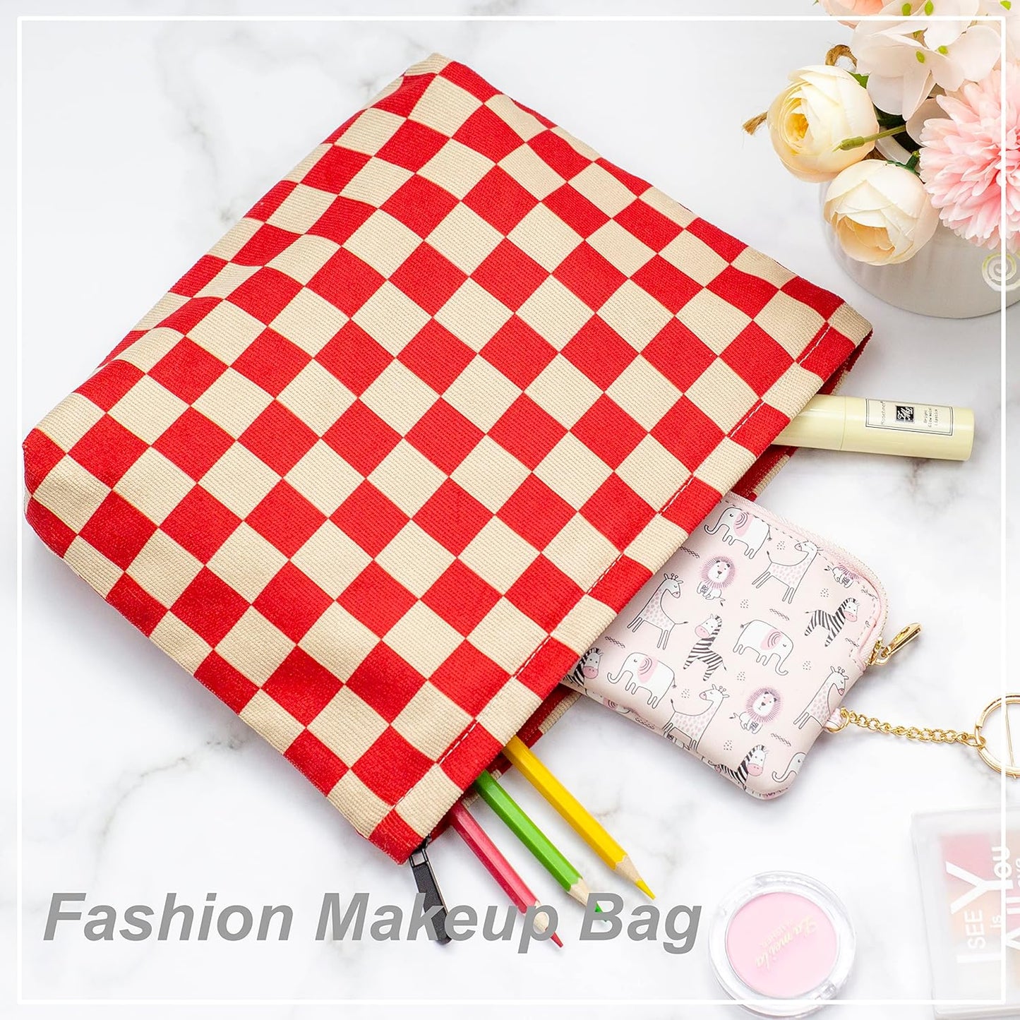 PAZIMIIK Makeup Bag Large Zipper Corduroy Make Up Pouch for Purse Travel Canvas Cosmetic Organizer for Women Brush Storage,Checkered Red