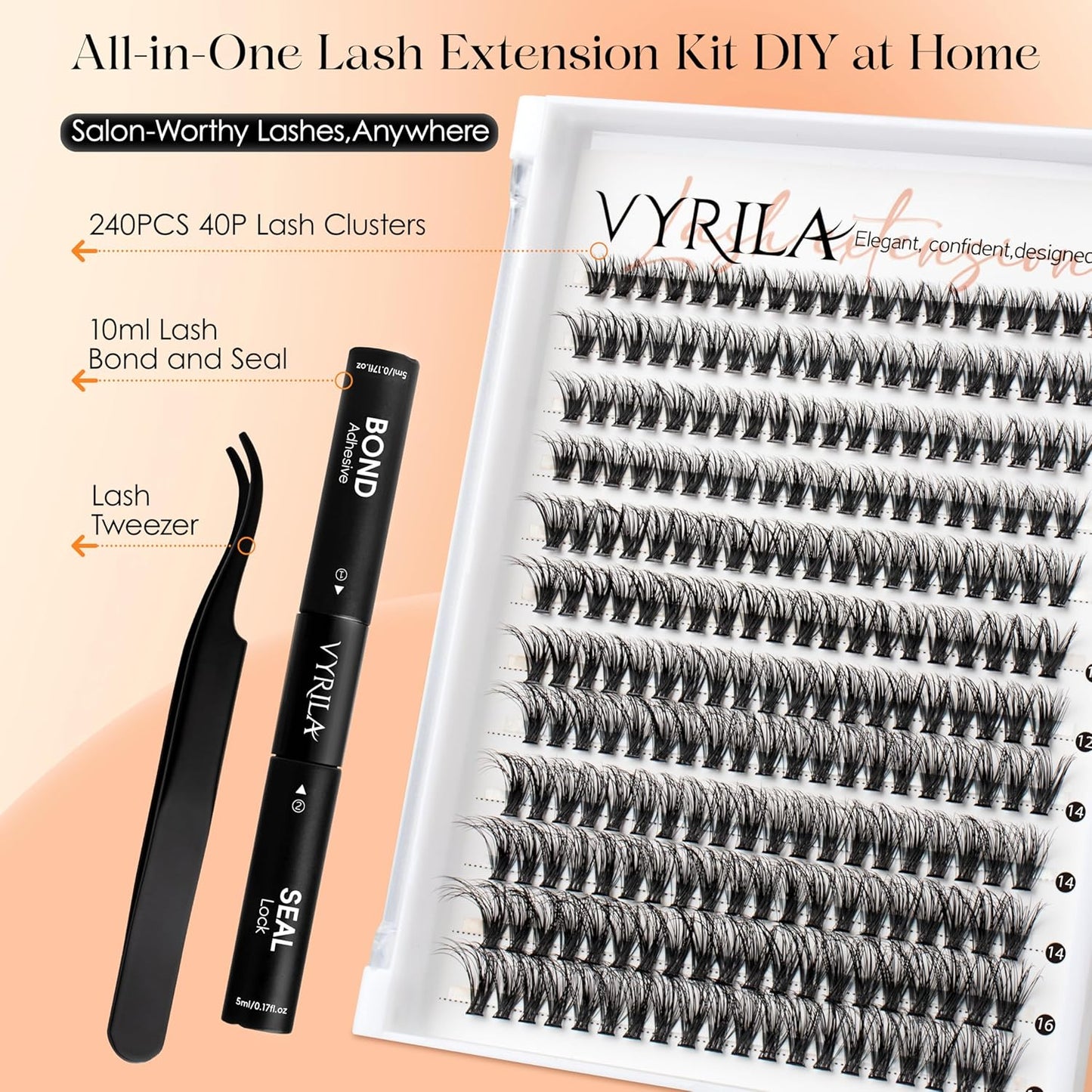 Lash Extension Kit-VYRILA 0.07mm Wispy C Curl Lash Clusters Kit 40P 8-16mix Individual Lashes with Lash Bond and Seal Waterproof,Lash Tweezers for DIY Lash Extension (Orange 40P Kit-C-8-16mix)