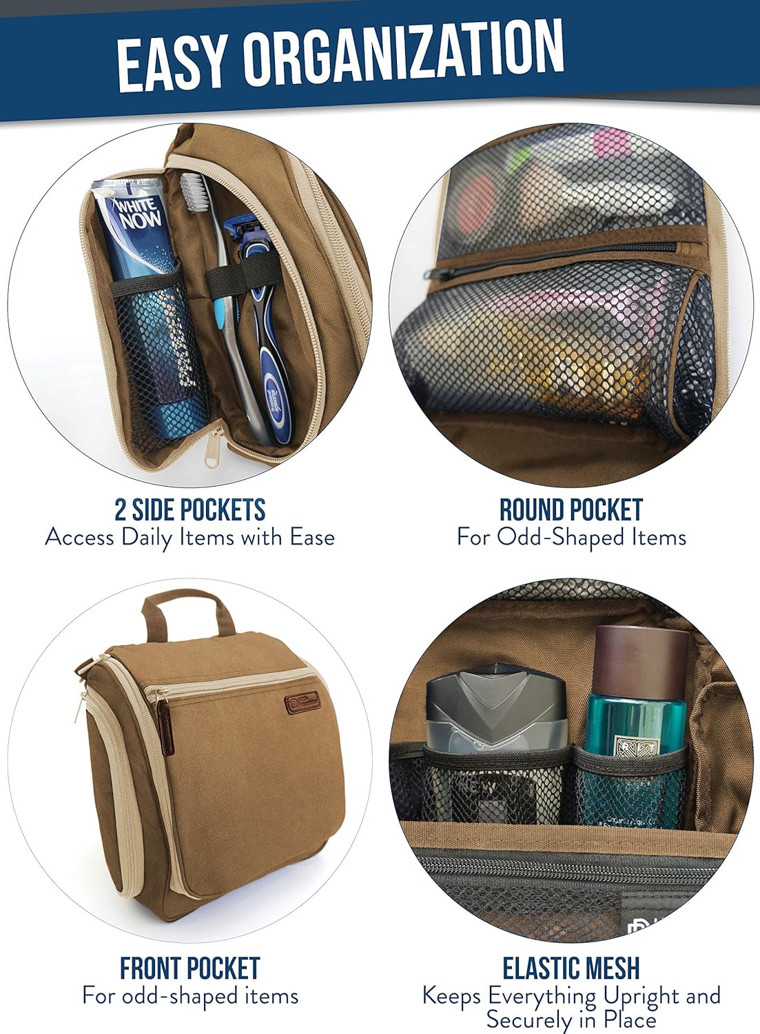 D&D Hanging Travel Toiletry Bag for Men and Women – Large Cosmetics, Makeup and Toiletries Organizer Kit with 10 Compartments, YKK Zippers, XXL Metal Swivel Hook, Water-Resistant Nylon