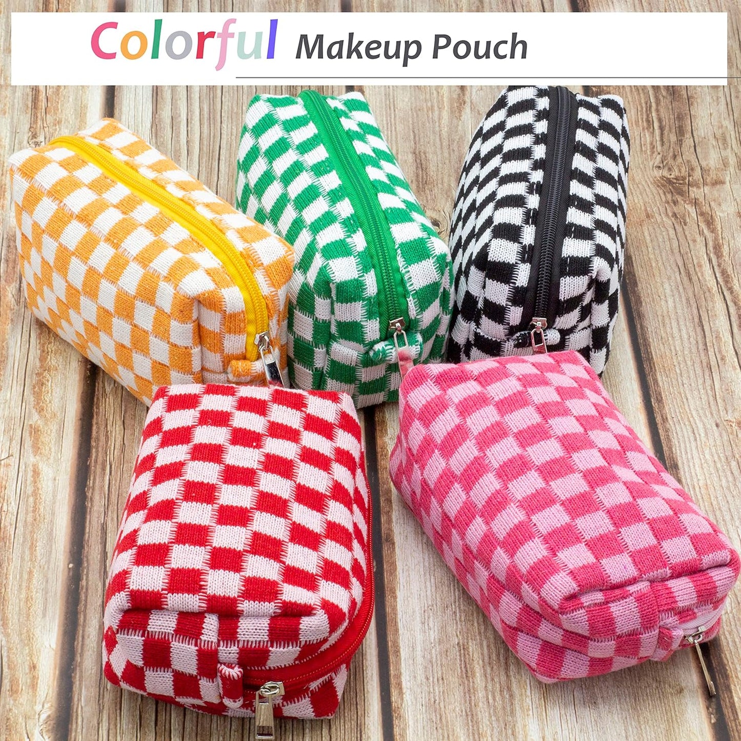 PAZIMIIK Checkered Makeup Bag for Purse Portable Zipper Make Up Pouch Small Cosmetic Case for Travel Accessories (6PCS Red)